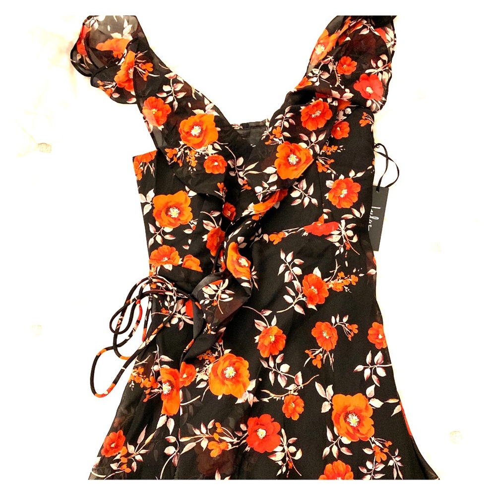 Black and red floral wrap dress